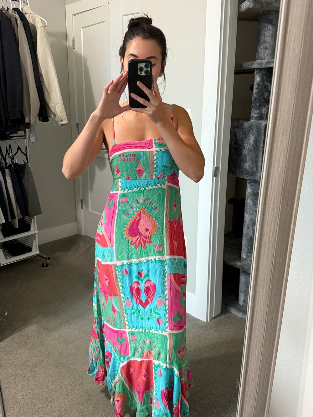 Pink & Green Printed Spaghetti-Strap Maxi Dress